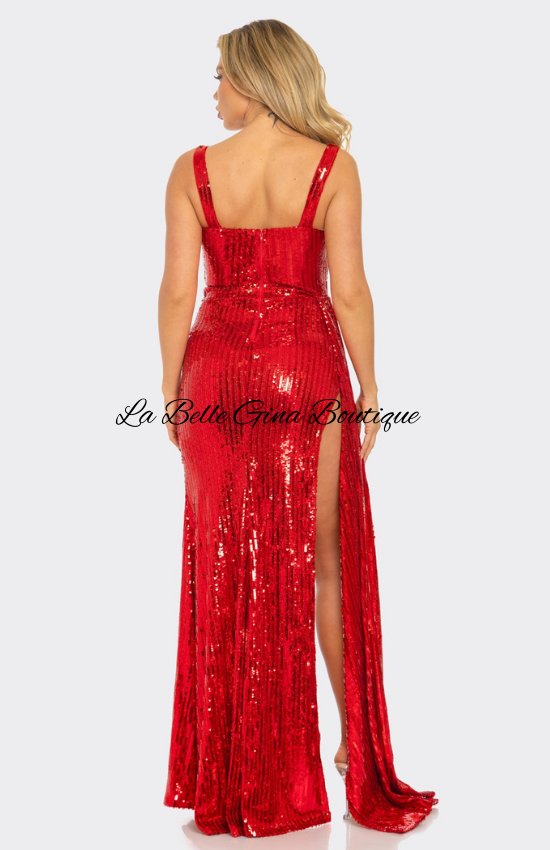 Sara Sequin Pearl Embellished Side Draping Maxi Dress-Red