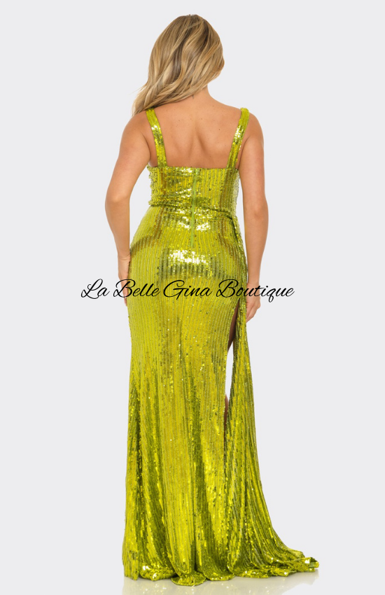 Sara Sequin Pearl Embellished Side Draping Maxi Dress-Olive