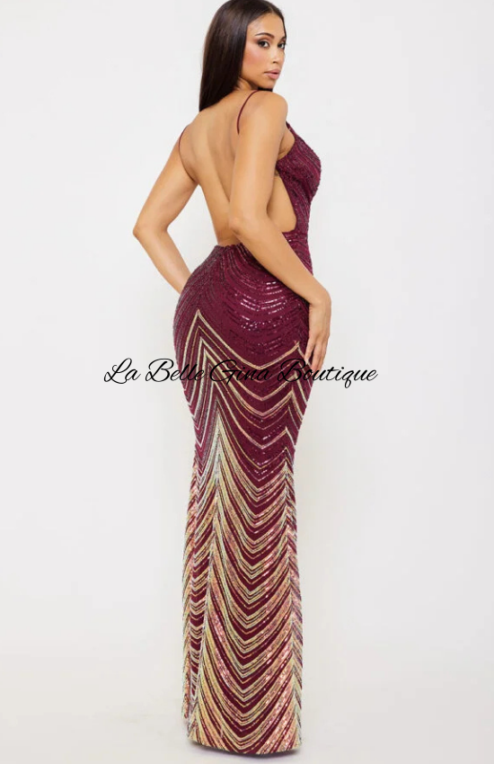 Djoune Ombre Sequin Chevron Pattern Open Back Maxi Dress-Maroon