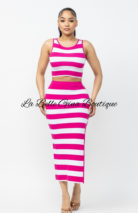 Sandra Sleeveless  Side Slit Maxi Skirt Set-White/Fuchsia