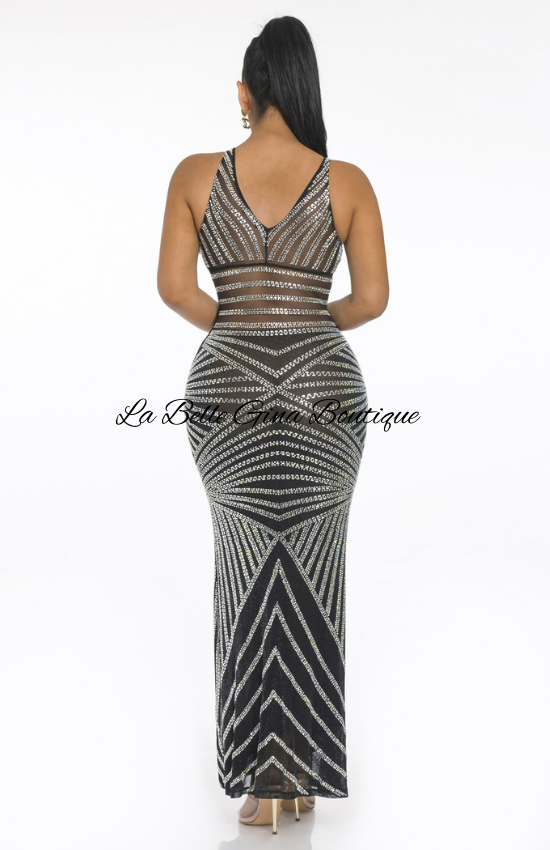 Sandie Rhinestone Deep V- Neck Maxi Dress-Black