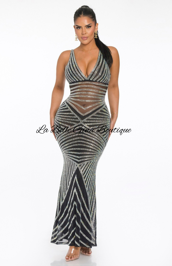 Sandie Rhinestone Deep V- Neck Maxi Dress-Black