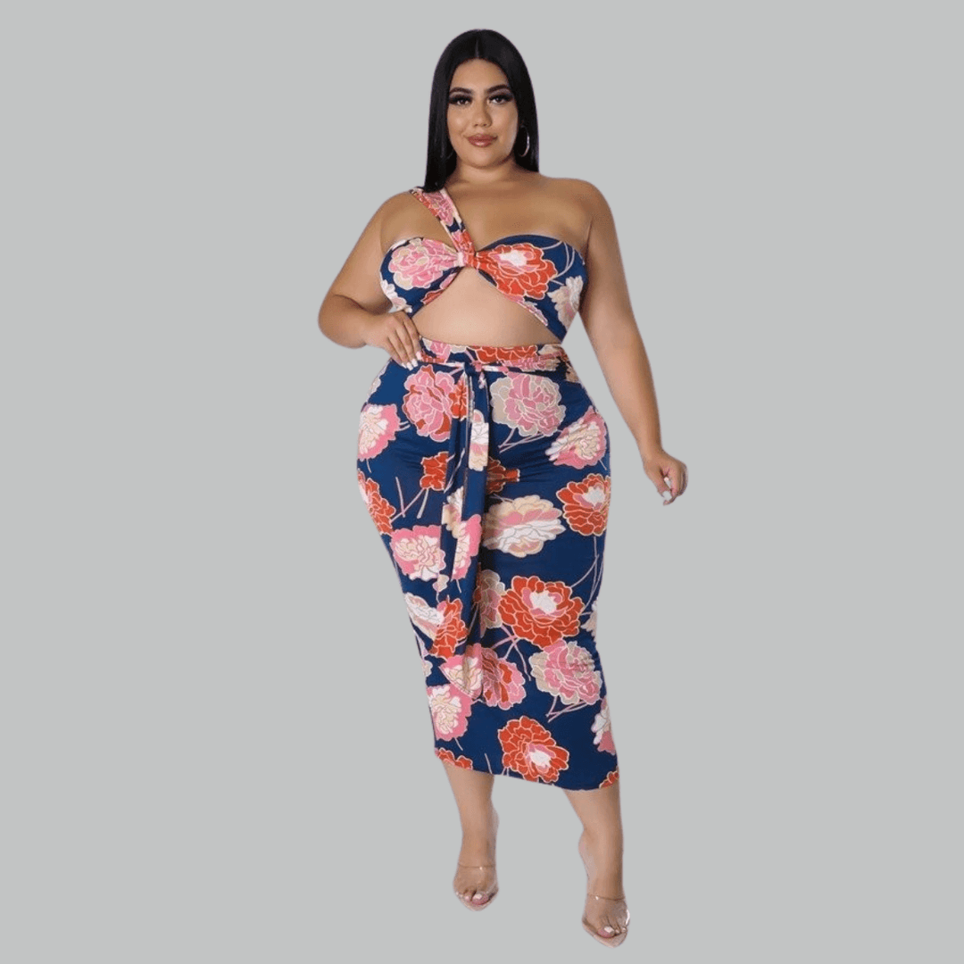 Sofia Plus Size Two Piece Set  One Shoulder Sleeveless and High Waited Shirt