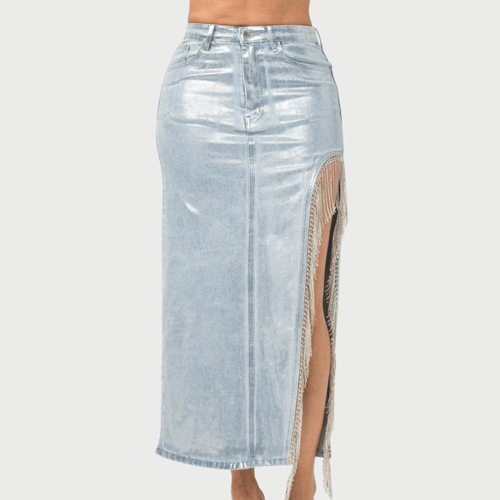 Lisa Denim Metalic Foil Side Slit Rhinestone Skirt