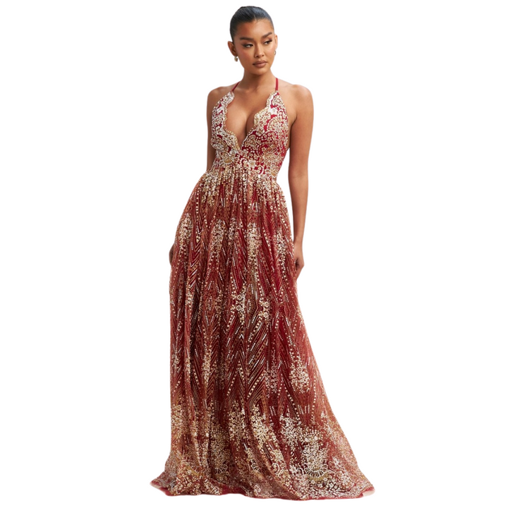 Sandy Glitter Floral Maxi Dress-Wine