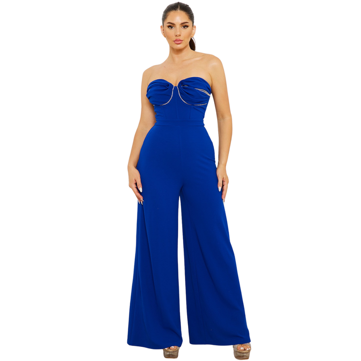 Gina Rhinestone Chain On Bust Jumpsuit-Royal Blue