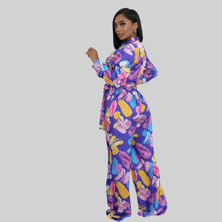 Floral Non Stretch V-Neck Long Sleeves Pocket Wide-Leg Jumpsuit