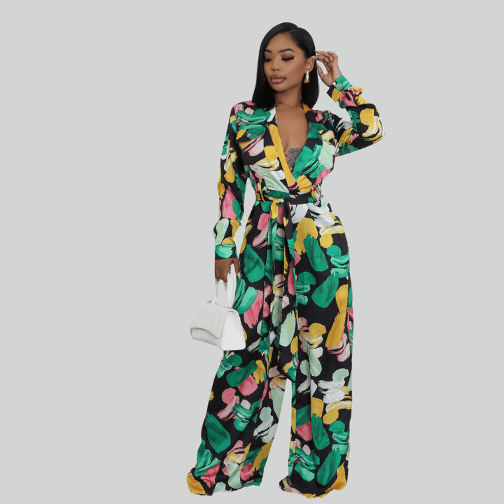 Floral Non Stretch V-Neck Long Sleeves Pocket Wide-Leg Jumpsuit