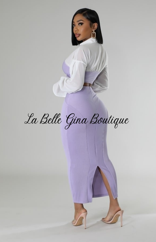 Gina Collar Semi-Stretch Long Sleeve,High-Waisted Skirt Set