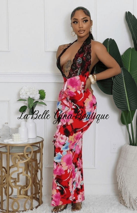 Gina Stretch Halter Neck Sleeveless Lace Details Open Back Maxi Dress