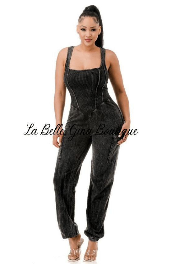 Leah Sleeveless Mineral Wash Cargo Side Pocket Jumpsuit