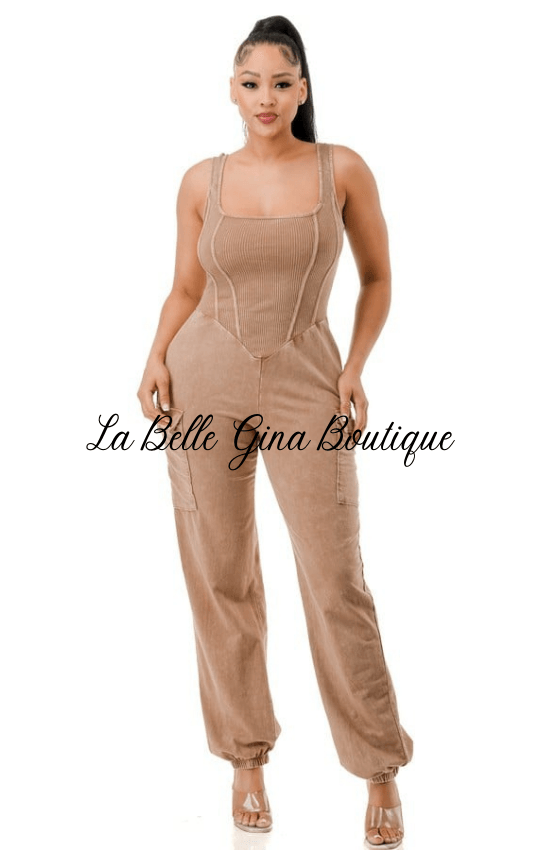 Leah Sleeveless Mineral Wash Cargo Side Pocket Jumpsuit