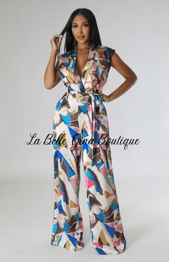 Lala Non-Stretch Sleeveless Wide Legs Self tie Belt Included Jumpsuit