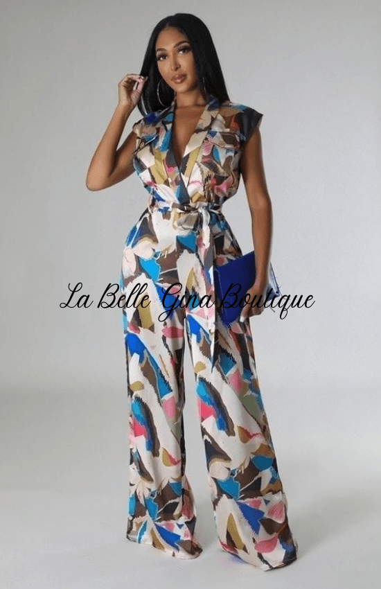 Lala Non-Stretch Sleeveless Wide Legs Self tie Belt Included Jumpsuit