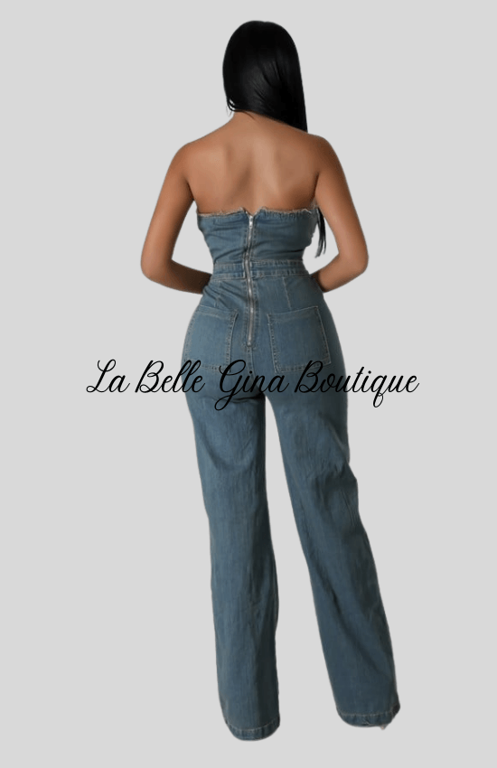 Gina Non-Stretch Jumpsuit Strapless Pockets Ripped knees Zipper Closure