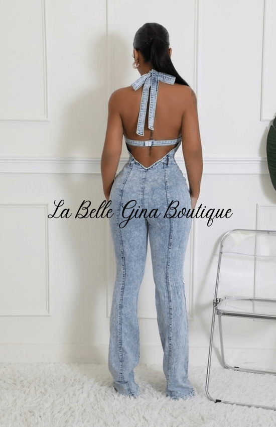 La Belle Semi-Stretch Denim Halter V-Neck Open Back Button Zipper Jumpsuit