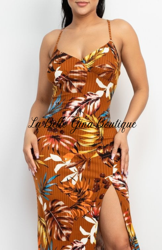 Lena Hawaiian Print Fabric Feminine Charm Outfit a Surplice Neckline Sleeveless Crossed Back and side slit Maxi Dress