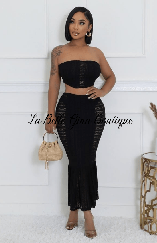 Mirtha Tube Top Mesh Lace Detail Side Zipper Closure Two Piece Set