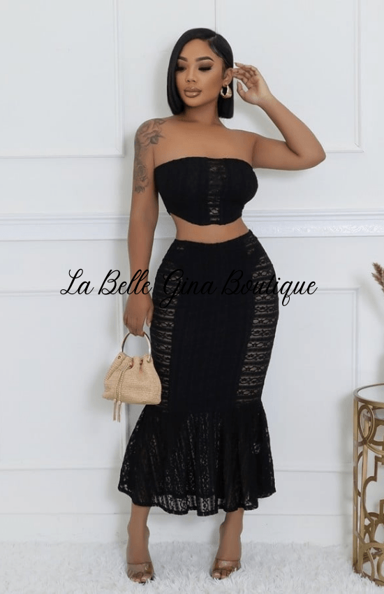 Mirtha Tube Top Mesh Lace Detail Side Zipper Closure Two Piece Set