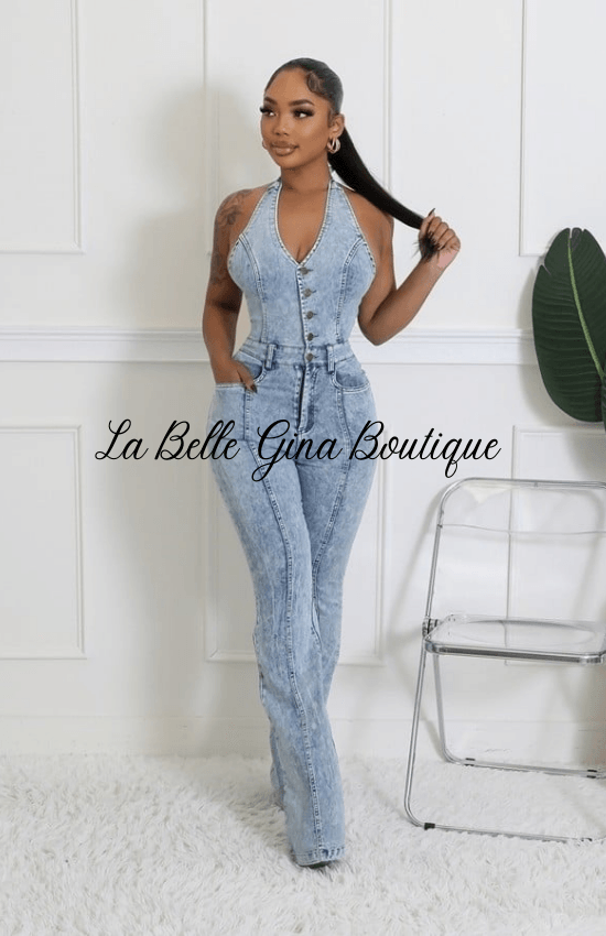 La Belle Semi-Stretch Denim Halter V-Neck Open Back Button Zipper Jumpsuit