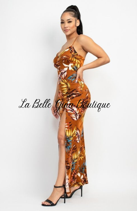 Lena Hawaiian Print Fabric Feminine Charm Outfit a Surplice Neckline Sleeveless Crossed Back and side slit Maxi Dress