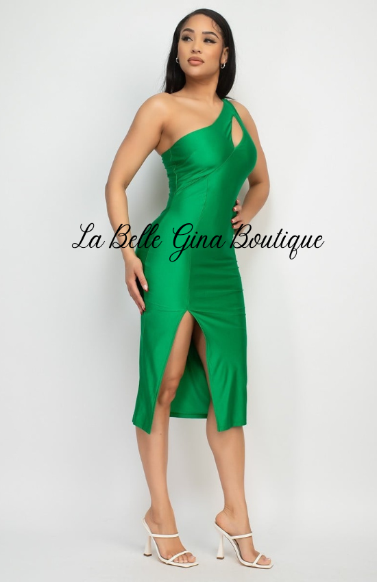 Avena One Shoulder Strap Chest Cut Out Side Slit Color Bodycon Midi Dress