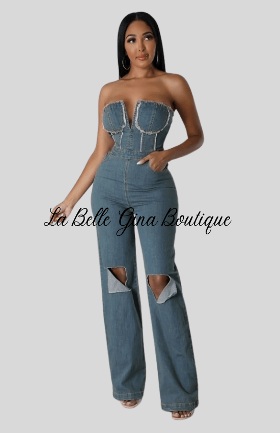 Gina Non-Stretch Jumpsuit Strapless Pockets Ripped knees Zipper Closure