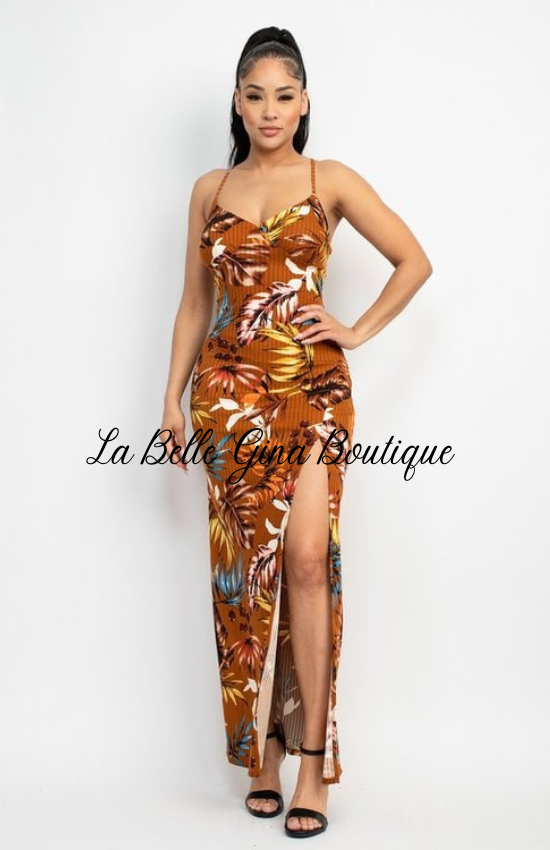 Lena Hawaiian Print Fabric Feminine Charm Outfit a Surplice Neckline Sleeveless Crossed Back and side slit Maxi Dress