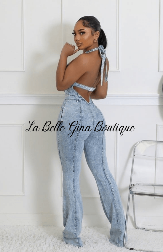 La Belle Semi-Stretch Denim Halter V-Neck Open Back Button Zipper Jumpsuit