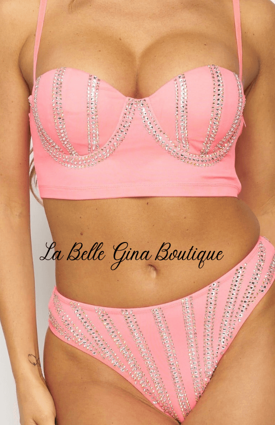 Lina Two Pieces Rhinestone Adjustable Bra with Stone Bikini Set