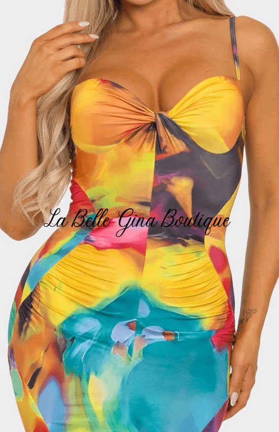 Gina Knotted bodice Multi Abstract Print Maxi Dress Yellow Multi