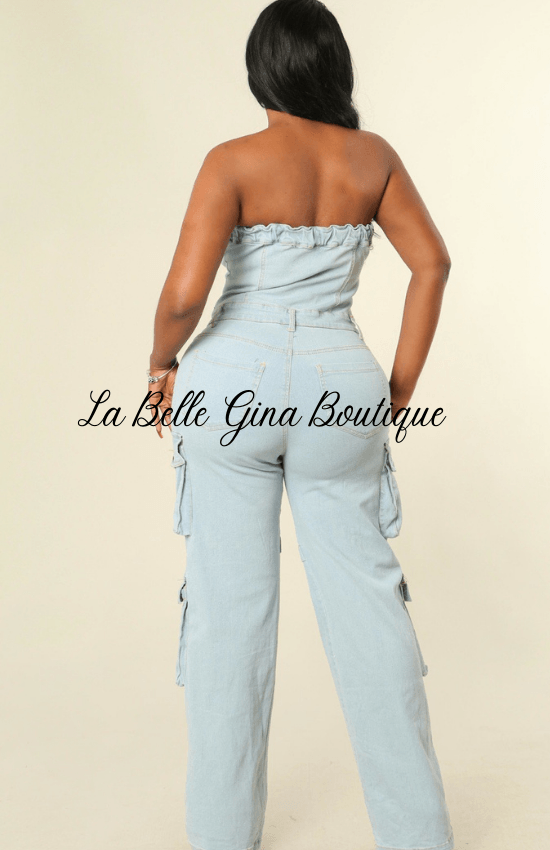 Kayla Button Up Sleeveless Cargo Denim Jumpsuit