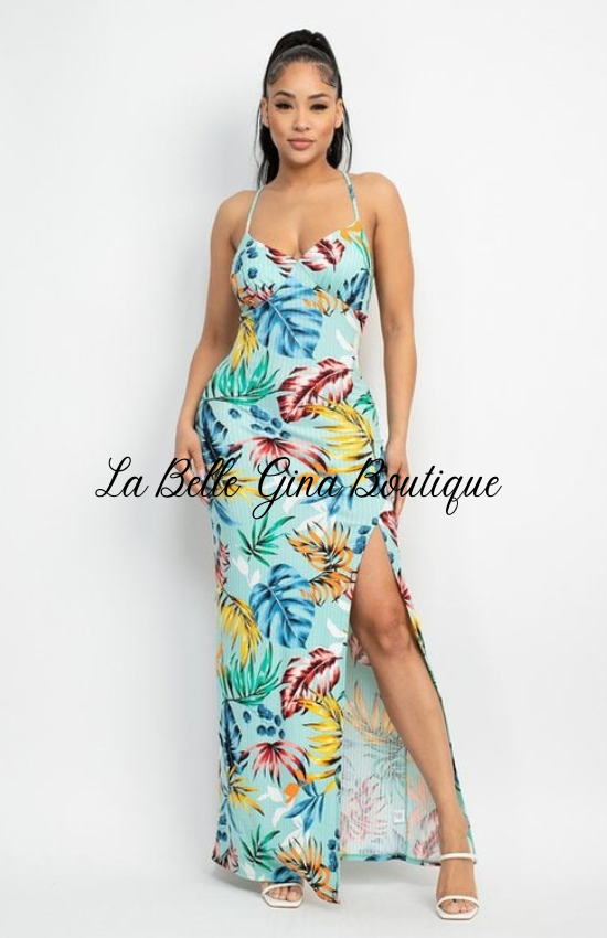 Lena Hawaiian Print Fabric Feminine Charm Outfit a Surplice Neckline Sleeveless Crossed Back and side slit Maxi Dress