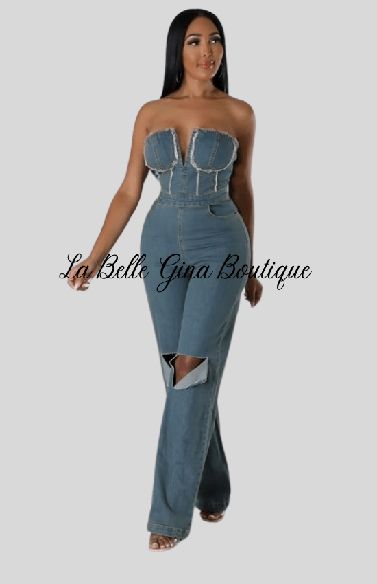 Gina Non-Stretch Jumpsuit Strapless Pockets Ripped knees Zipper Closure