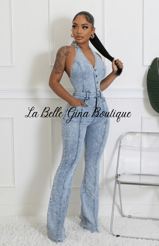 La Belle Semi-Stretch Denim Halter V-Neck Open Back Button Zipper Jumpsuit