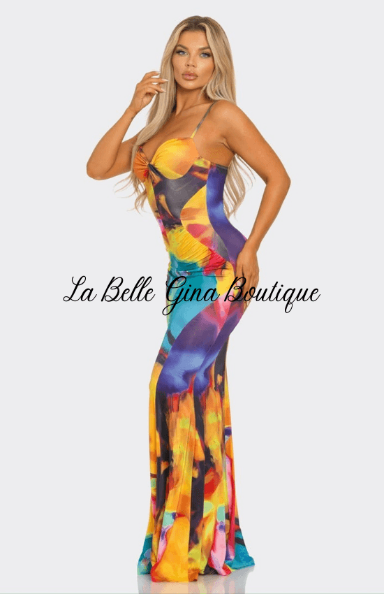 Gina Knotted bodice Multi Abstract Print Maxi Dress Yellow Multi