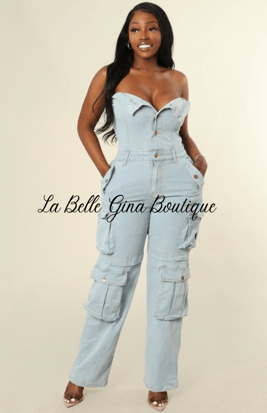 Kayla Button Up Sleeveless Cargo Denim Jumpsuit