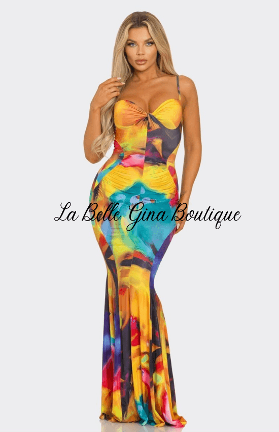 Gina Knotted bodice Multi Abstract Print Maxi Dress Yellow Multi