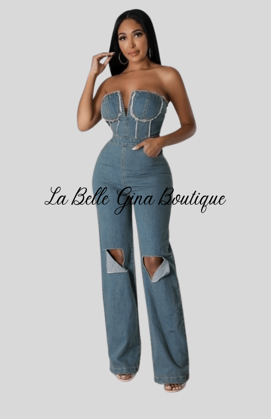 Gina Non-Stretch Jumpsuit Strapless Pockets Ripped knees Zipper Closure