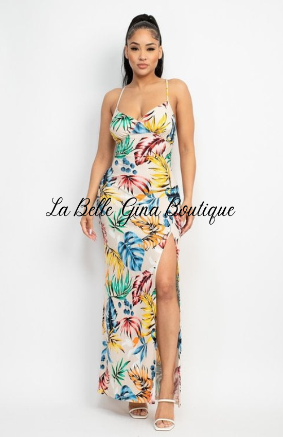 Lena Hawaiian Print Fabric Feminine Charm Outfit a Surplice Neckline Sleeveless Crossed Back and side slit Maxi Dress