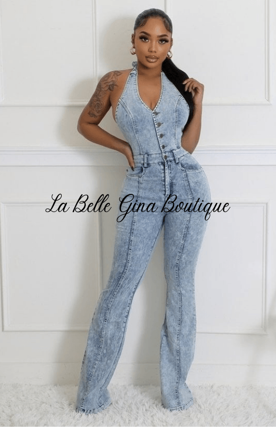 La Belle Semi-Stretch Denim Halter V-Neck Open Back Button Zipper Jumpsuit