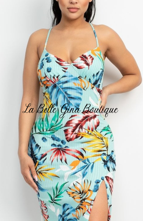 Lena Hawaiian Print Fabric Feminine Charm Outfit a Surplice Neckline Sleeveless Crossed Back and side slit Maxi Dress