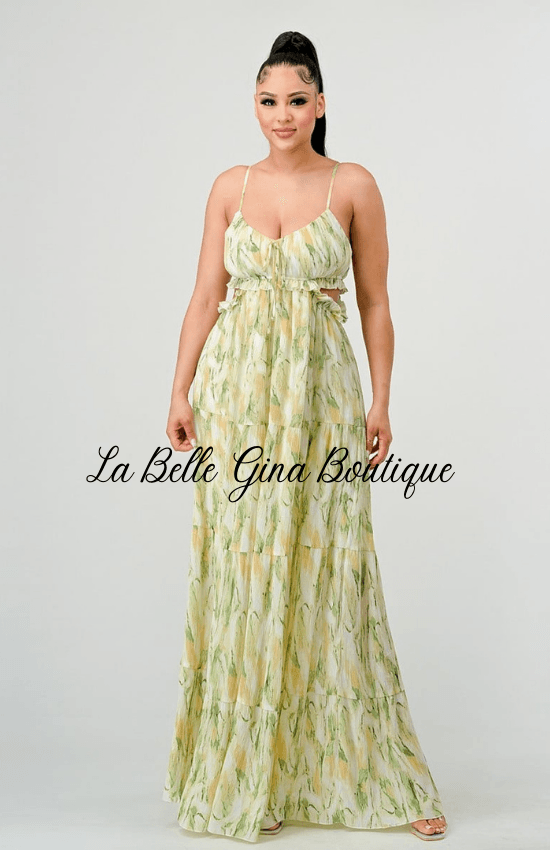 Gina Floral Print Chiffon Ruffle Side Cuts Maxi dress