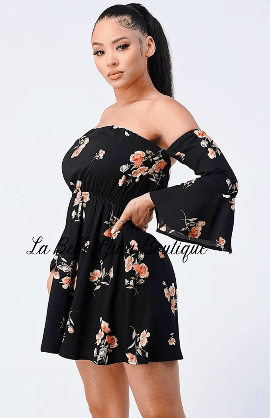 Lina Floral Off shoulder Bell Sleeve Waist Band Mini Dress