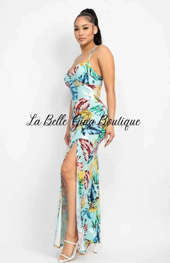 Lena Hawaiian Print Fabric Feminine Charm Outfit a Surplice Neckline Sleeveless Crossed Back and side slit Maxi Dress