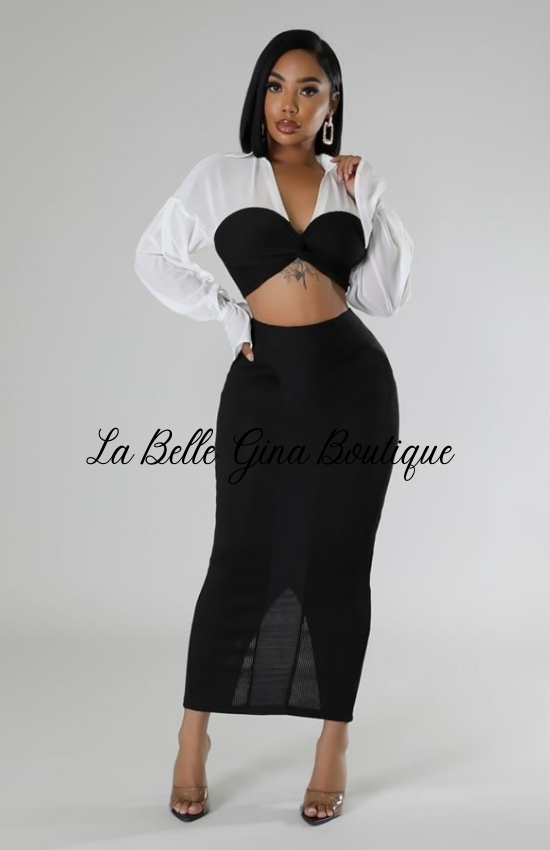 Gina Collar Semi-Stretch Long Sleeve,High-Waisted Skirt Set