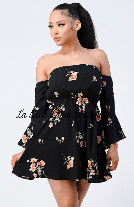 Lina Floral Off shoulder Bell Sleeve Waist Band Mini Dress