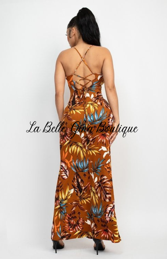 Lena Hawaiian Print Fabric Feminine Charm Outfit a Surplice Neckline Sleeveless Crossed Back and side slit Maxi Dress