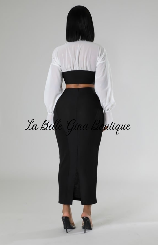 Gina Collar Semi-Stretch Long Sleeve,High-Waisted Skirt Set