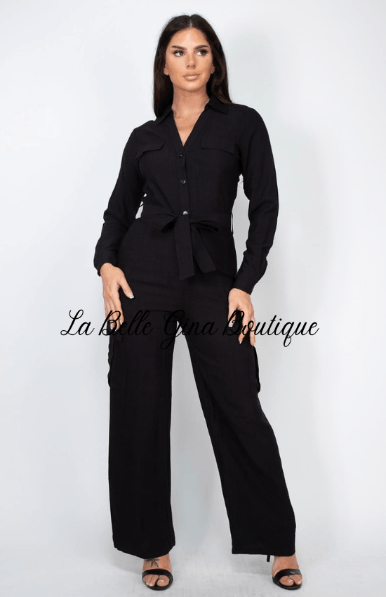 Lina Statement Piece Button Down with Zip-up Sash Belt Cargo Bottom Straight Leg Jumpsuit